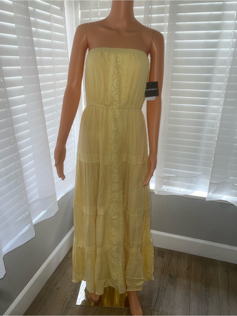 Strapless Yellow Lace-Trim Maxi Dress by
